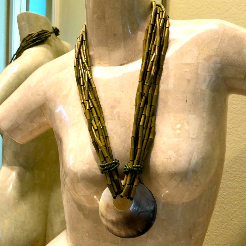 Multi strand green bamboo and sea shell necklace